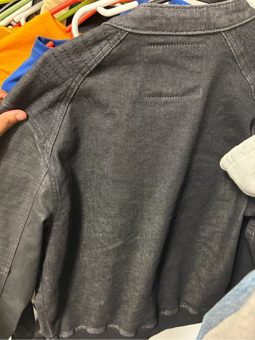 True Religion Black Denim Bomber Jacket with Quilted Sleeves